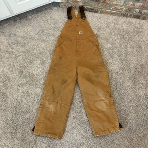 Vintage Carhartt Insulated Canvas Bib Overalls Youth Sz 12 Brown Western Cowboy - Picture 1 of 9