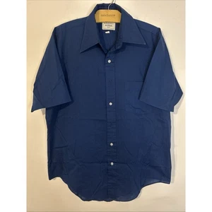 Vintage 60s Arrow Burma Kent Navy Blue Short Sleeve Button Down Pocket Shirt L - Picture 1 of 8