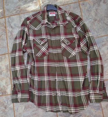 Mens Long Sleeved Shirt, M, Brown and Green Check, Wrangler, Brushed Cotton  - Image 1 of 3
