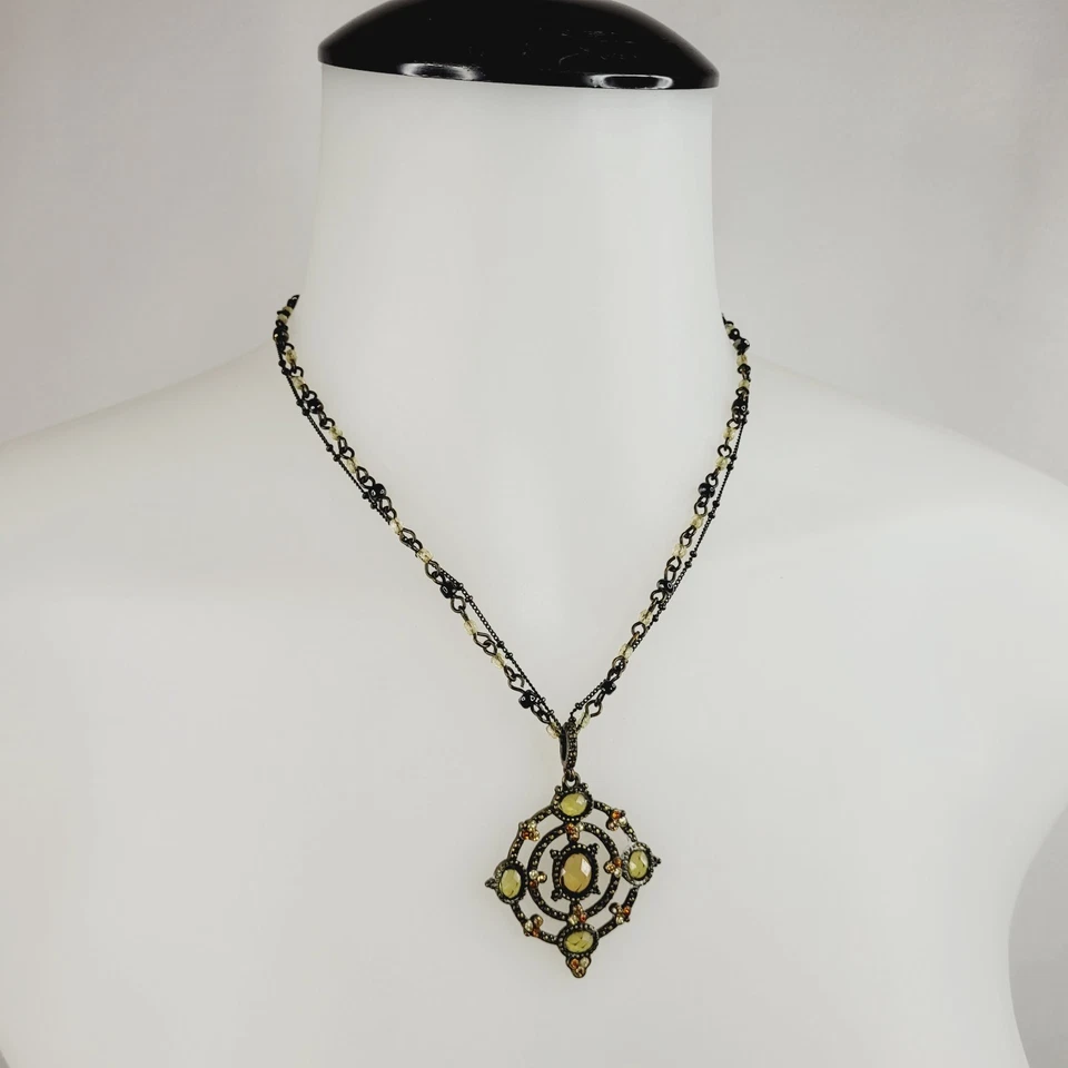 复古雅芳吊坠项链古董黄铜绿色黄色水钻波西米亚 — 第 1/4 张图片
