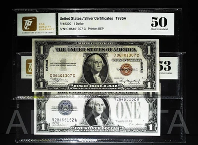 US SILVER $1 1 DOLLAR 1928A 1935A FR1601 FR2300 AU UNC- HAWAII FUNNYBACK 2PCS - Image 1 of 4