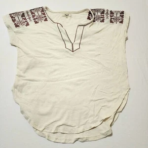 Madewell Ivory Linen With Maroon Embroidery Split Neck Top  US Womens S  - Picture 1 of 6