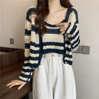 Striped Knitted Cardigan Women Take Short Style Tops Suspender Two-piece Set