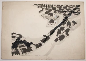 Arthur Wragg (1903– 1976) Ink & gouache town with shaddow of cross over homes - Picture 1 of 6