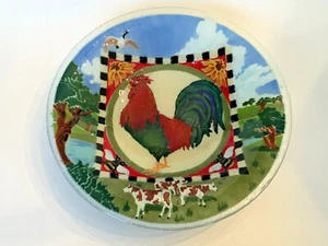 Peggy Karr Hahn Kuh Bauernhof Szene verschmolzene Kunst Glas große Schüssel 13" Land Huhn - Bild 1 von 9