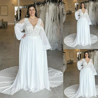 Plus Size Chiffon Wedding Dresses Long Sleeves Off Shoulder Lace Bridal Gowns - Image 1 of 4