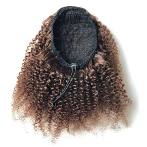 Medium Brown Human Hair Ponytail Clip On Drawstring Afro Kinky Curly Color #4 - Picture 1 of 7
