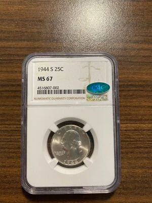 1944-S Washington Silver Quarter Dollar 25C NGC MS 67 CAC Type 1, Silver RARE - Image 1 of 2