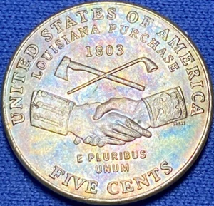 2004-P Jefferson Nickel "Shake Hands" Beautiful Lustrous Rainbow Toned Coin #1 - Picture 1 of 12