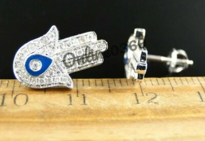 Мужские серьги-гвоздики с натуральным бриллиантом хамса эмаль сглаз ручной винт сзади серебро - Изображение 1 из 4