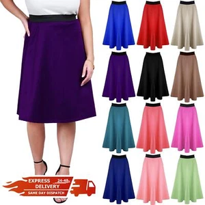 Womens Ladies Stretchy Mid Length Scuba Skater Swing Flared Long Midi New Skirt - Picture 1 of 31