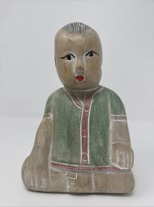 Painted Chinese Wooden Child Statue Figure In Meditation - Rare - Picture 1 of 14