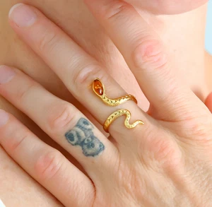 Anello Serpente Ambra Baltica - Placcato Oro 14k s925 Misura Regolabile - Foto 1 di 5