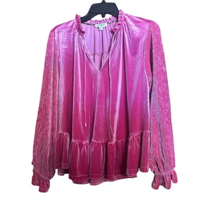 Blusa UMGEE Terciopelo Volantes Cuello Corbata Top Mujer Rosa Mediana Manga Larga en Niveles Foto 1 de 4