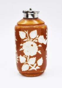 VICTORIAN SOLID SILVER MOUNTED AMBER ETCHED GLASS SCENT BOTTLE - BRITISH EMBLEMS - Picture 1 of 10