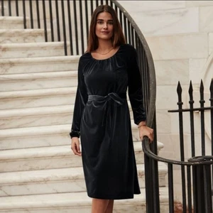 Lands End Soft Velvet Peasant Midi Dress Black Medium Holiday Party Cocktail - Picture 1 of 9