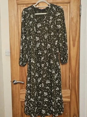 M&S Collection Khaki Floral Print Long Sleeve Tiered Midi Dress Size 10 Long - Image 1 of 4