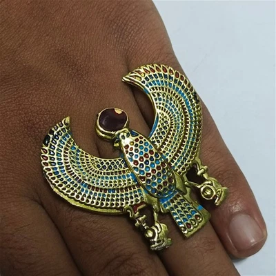 Anillo Halcón Faraónico - Joyería Símbolo Horus Egipcio en Tonos Dorados y Azules Foto 1 de 4