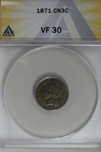 `1871 .03 ANACS VF 30 Three Cent Nickel, Liberty Three Cent Piece - Picture 1 of 2