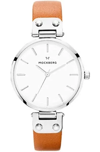 Mockberg Wera Damenuhr rund silberfarbenes Gehäuse weißes Ziffernblatt braunes Armband MO1006 - Bild 1 von 3