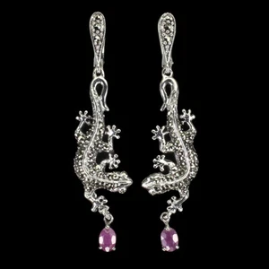 925 Pendientes de Plata de Ley Pera Rubí 6x4mm Marcasita Lagarto Gema Joyería - Imagen 1 de 9