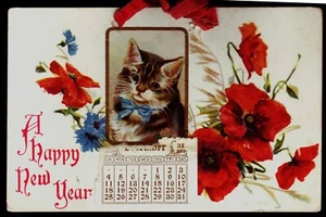 Vintage A HAPPY NEW YEAR - Embossed Cat Postcard with Ribbon -  ca. 1909 - Picture 1 of 2