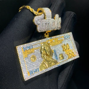 5AAA+ CZ Hip Hop Ice Out TIME IS MONEY DOLLAR Pendant Chain 14k Real Gold Plated - Picture 1 of 13