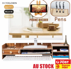Wooden Monitor LED LCD Computer Stand Riser Desktop Holder File Storage Drawer - Picture 1 of 8