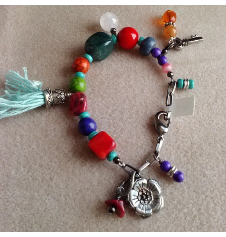 Bracelet - Multicolor Gemstones Howlite Quartz Flower Charms Boho Style Exotic - Image 1 of 1