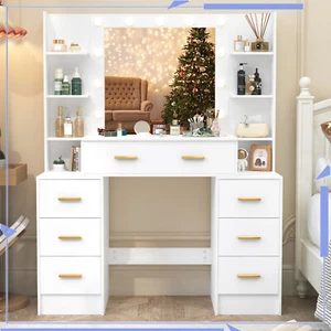 Modern Vanity Makeup Desk with LED Lighted Mirror and 7 Drawers Dresser Table - Picture 1 of 10