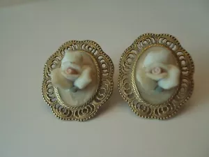 VINTAGE OHRRINGE GOLDFARBEN PORZELLAN ROSE #ME3 - Bild 1 von 4