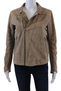 June Womens Front Zip Long Sleeve Collared Suede Jacket Brown Size Large - Picture 1 of 7