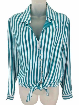 ALPHA AMOUR~VERDE AZULADO/RAYAS BLANCAS~MANGA LARGA~BLUSA/CAMISA CORBATA RECORTADA TALLA 1X Foto 1 de 4