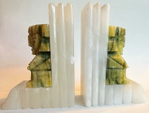MCM Vintage Onyx Aztec Sculpture Bookends - White/Green - Picture 1 of 18