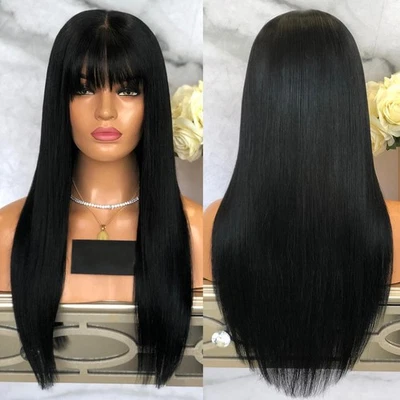 Peluca Cosplay Off Black con flequillo para mujer cabello resistente al calor largo liso natural Foto 1 de 4