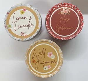 3x Scented Candle Tins gift set - wild jasmine, lemon lavender, rose geranium - Picture 1 of 5