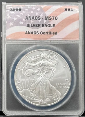 American Eagle 1999 $1 oz .999 plata ANACS MS 70, etiqueta de bandera, fecha clave Foto 1 de 4