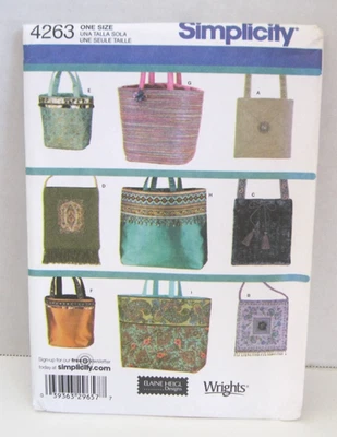 Simplicity 4263 Lined Bags With Straps In Several Styles Pattern Uncut - Image 1 of 2