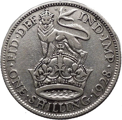 United Kingdom 1928 Silver 1 Shilling Coin with King George V Crowm Lion i32340  - Image 1 of 3