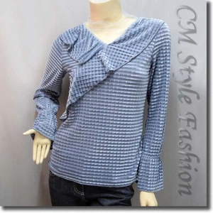 Sheer Mesh Neckline Ruffled Boho Blouse Top Gray S - Picture 1 of 4