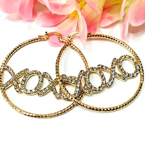 14k Gold Plated "XO" Hung and Kiss Hoops dangle drop Earrings 2in Long #115 - Picture 1 of 2
