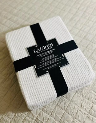LAUREN RALPH LAUREN Ralph Lauren 100% Cotton Ringspun Ribbed Knit QUEEN White Blanket 90”X 90” NEW