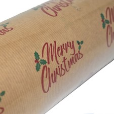 NATURAL KRAFT MERRY CHRISTMAS WRAPPING PAPER 500mm x 100m ROLLS XMAS DECORATIVE