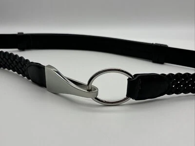 Chico's Black Vegan Leather Braided Boho Silver Hook Buckle Belt Size M/L — 第 1/4 张图片