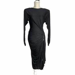 Vintage 80s Black Bodycon Ruched Long Sleeve Open Back Dress Small - Picture 1 of 12