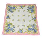 Vintage Floral Handkerchief Blue Yellow Roses Pink Ribbon Border Cottagecore 12"