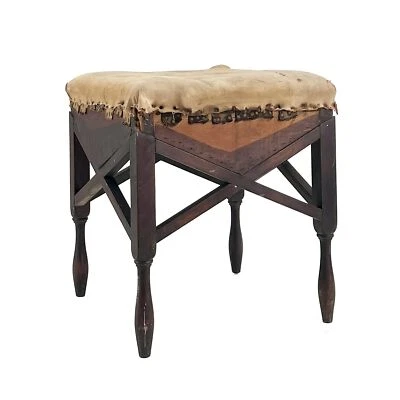 Antiguo reposapiés relleno pelo caballo lino madera caoba inglés siglo XVIII c.1760 Foto 1 de 4