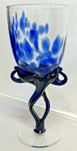 Jozefina Krosno Poland Blue & Clear Art Wine Glass Goblet Free Form Stem 8” - Picture 1 of 13
