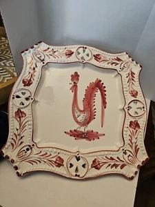 Italy Majolica Red pink Rooster Ceramic Pottery dish Bowl lace lattice Edge - Picture 1 of 3