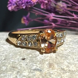 Orange Zircon Round Crystal Gold-Plated Steel Prong Design Gemstone Ring - Picture 1 of 9
